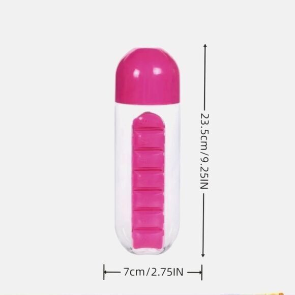 Portable Sports Water Medication Bottle Plastic 20oz with Built-in Pill Box Pink - Picture 2 of 8